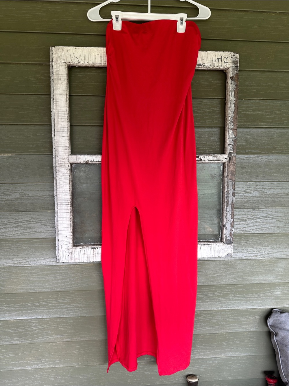 Heart & Hips Strapless Red Maxi Gown with Front Slit